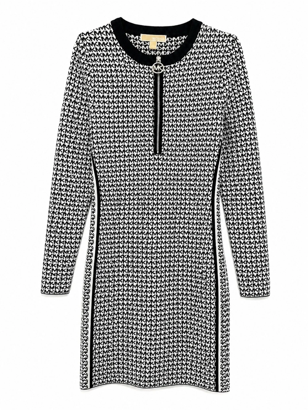 Michael Kors Black & White Logo Zip-Front Long Sleeve Dress